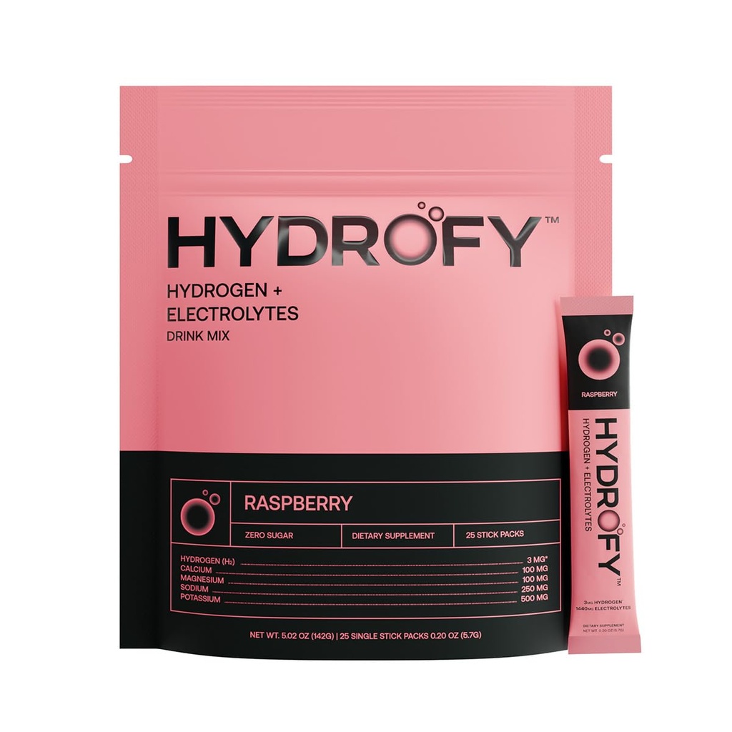 Hydrofy Hydrogen Water + Electrolytes Drink Mix | H2 Hydration Packets med molekylärt väte, natrium, kalium, magnesium, kalcium och mineraler | No Sugar | Raspberry 25 Ct