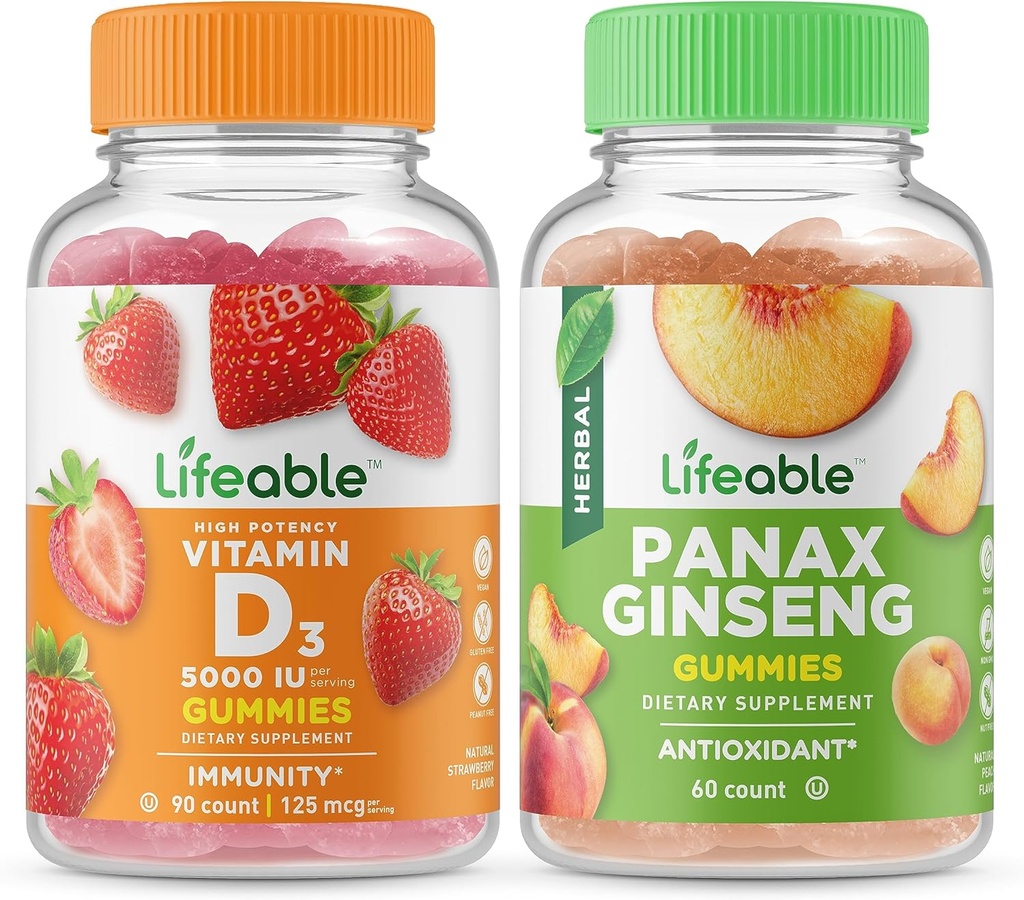 Livlig vitamin D 5000 IE + Panax Ginseng, Gummies Bundle - Great Tasting, Vitamin Supplement, Gluten Free, GMO Free, Chewable Gummy