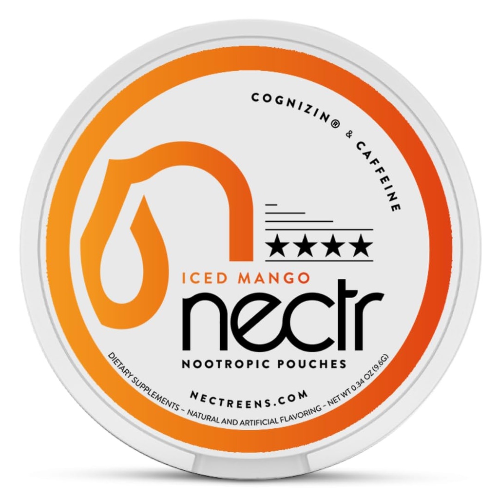 Nectr Energy Nootropic Pouches - Iced Mango Flavored, koffeinpåsar med Cognizin® Citicoline. Sockerfri hjärnbehandling. Smidig, hållbar fokus & energiförsörjning - 1 Puck på 16pcs