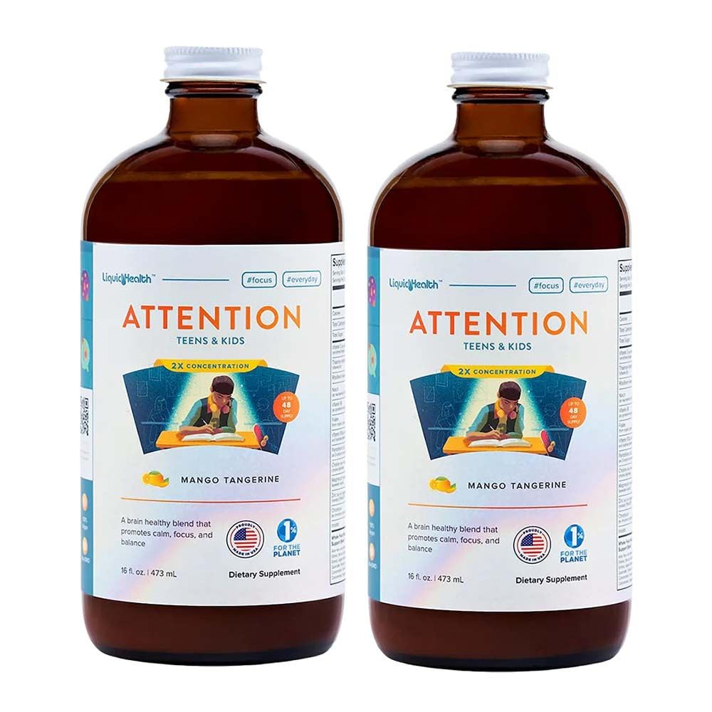 LIQUIDHEALTH Attention, Liquid Multivitamin för barn och tonåringar - förbättrar minnesretention, koncentration, fokus, humör, avkoppling och lugn - Tillverkad i USA, stor smak, Vegan, sockerfri (2 Pack)