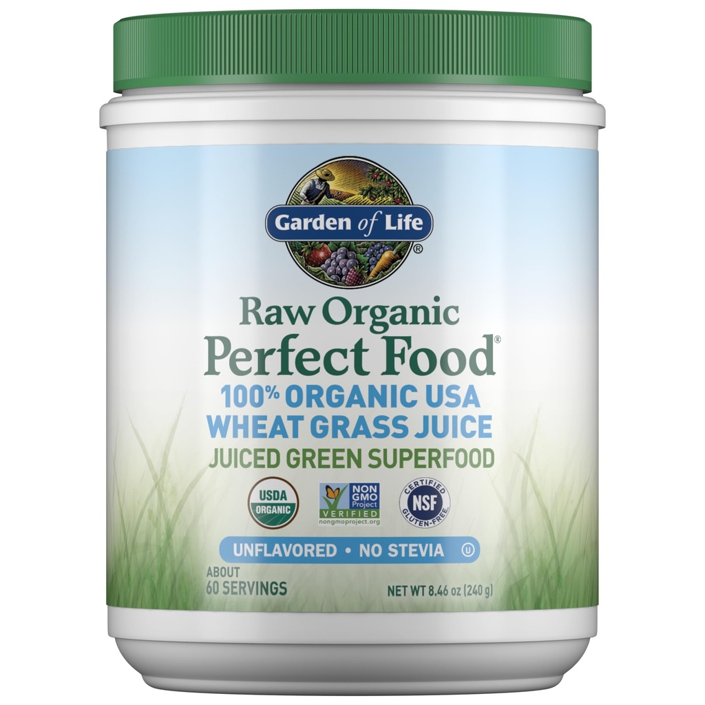 Garden of Life Raw Organic Perfect Food 100% Organic USA Wheat Grass Juice - Juiced Green Superfood Greens Powder, 60 portioner - Stevia-Free, Non-GMO, Vegan, Gluten Free Whole Food Dietary Supplement