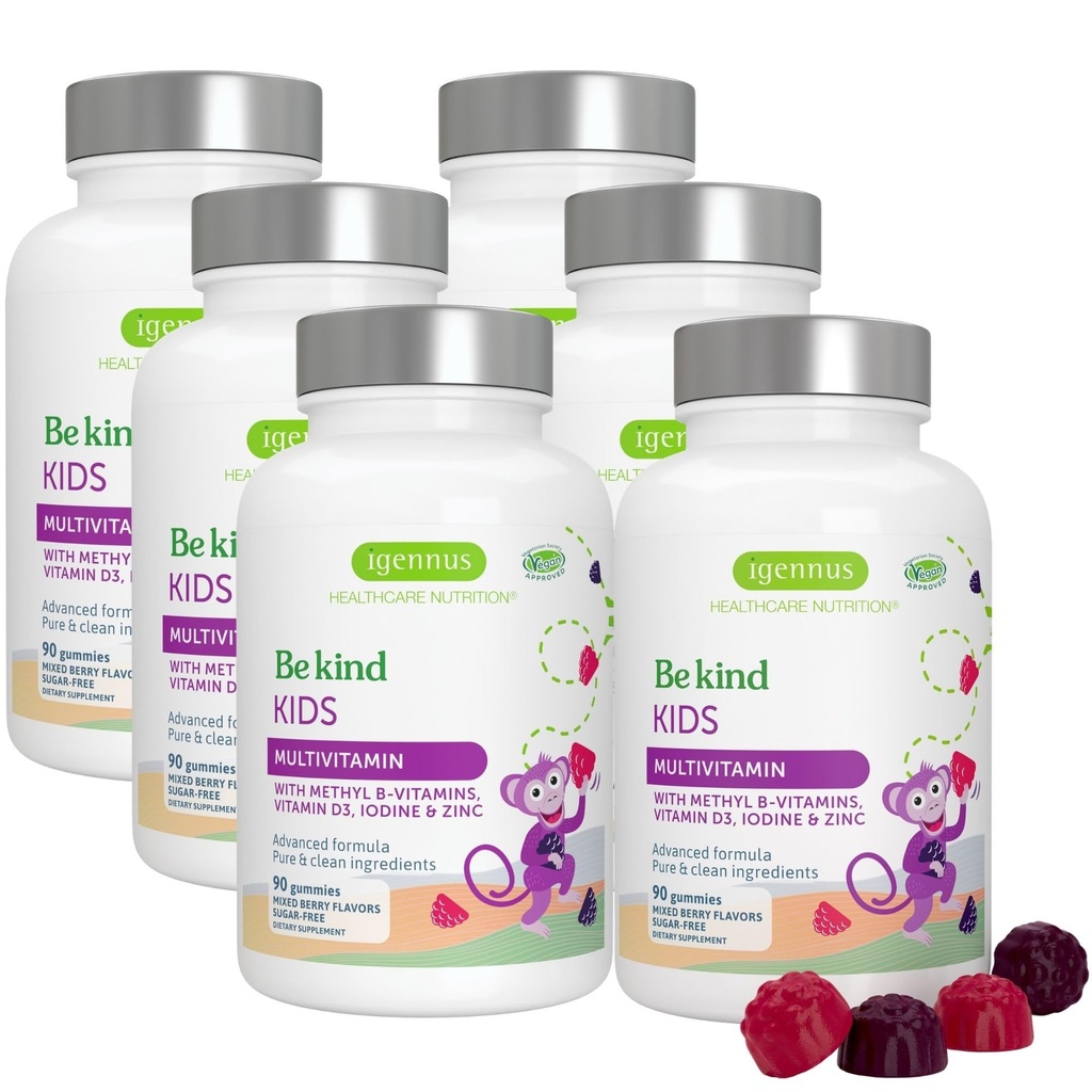 Igennus Methylated Kids Multivitamin Gummy, MTHFR, No Artificial Sweeteners or Flavors, Sugar Free, Age 4+, 90 Natural Berry Flavor Gummies från Fruit Powder, Non-GMO, Halal, Clean Label x6