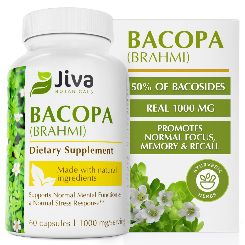 Jiva Botanicals Bacopa Monnieri Supplement Pure 1000mg per Serving - High Potency Bacopa Monnieri (Brahmi) & Extract for Normal Brain, Focus, & Memory Support - Ayurvedic Herbs - 60 Capsules