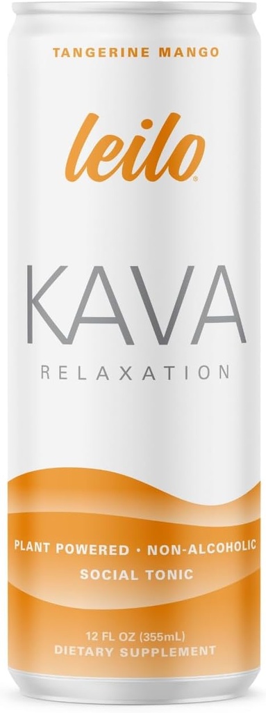 LEILO | Kava Powered Sparkling Relaxation Drink | Tangerine Mango 12-Pack - Non-ALC Calming Beverage | 12 fl oz Cans (Pack of 12) | Förpackning kan variera