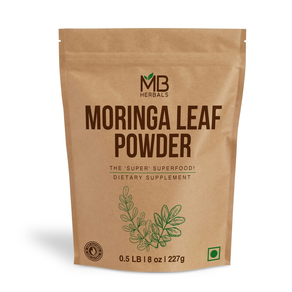 MB Herbals Moringa Leaf Powder 8 oz (227g / 0,5 LB) | 100% Pure Moringa Powder | Lätt blandning i drycker och smoothies | Inga konserveringsmedel