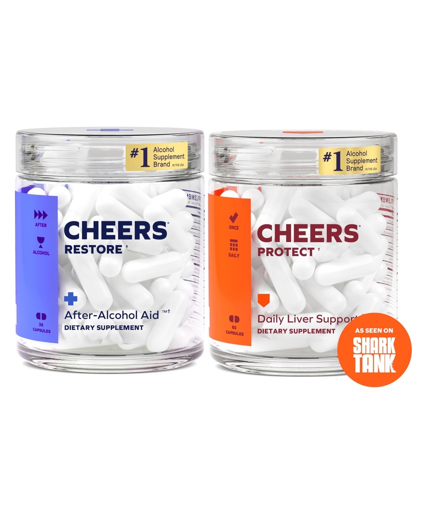Cheers Liver Combo | Återställ + Skydda | Stöd din lever & må bättre efter att ha druckit | DHM, L-Cysteine, Milk Thistle, Prickly Pear, B-Vitaminer | 12 Doser Återställ, 30 Doser Skydda | Kosttillskott