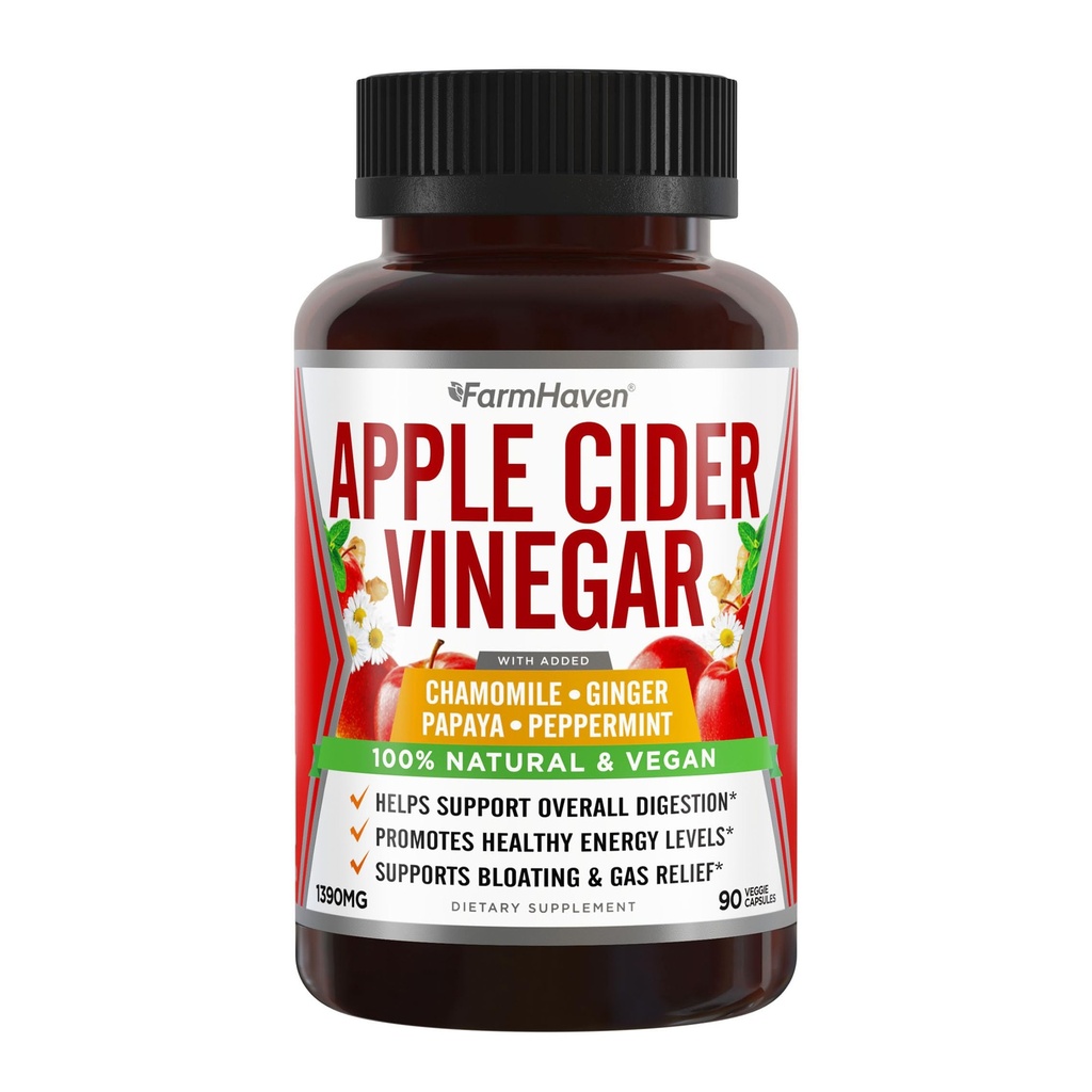 Apple Cider Vinegar kapslar med Ginger, Papaya & Chamomile | 1390mg | Förbättrar Digestion, Energy, Immunity | Soothes Gas & Bloating Issues | Liksom med Mother | Icke-GMO & 100% Naturlig | 90 kapslar