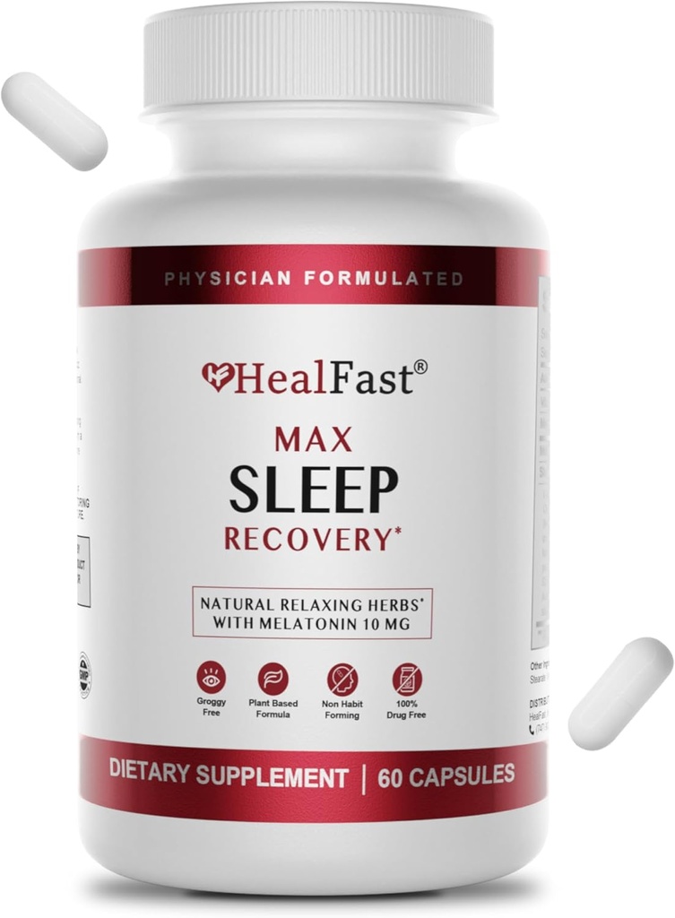 HealFast Physician formulerade Max Sleep Aid med extra styrka Melatonin 10mg - Snabb upplösning - Natursömnhjälpmedel för vuxna - Melatonin piller - örter, aminosyror och Melatonin - 60 Ct