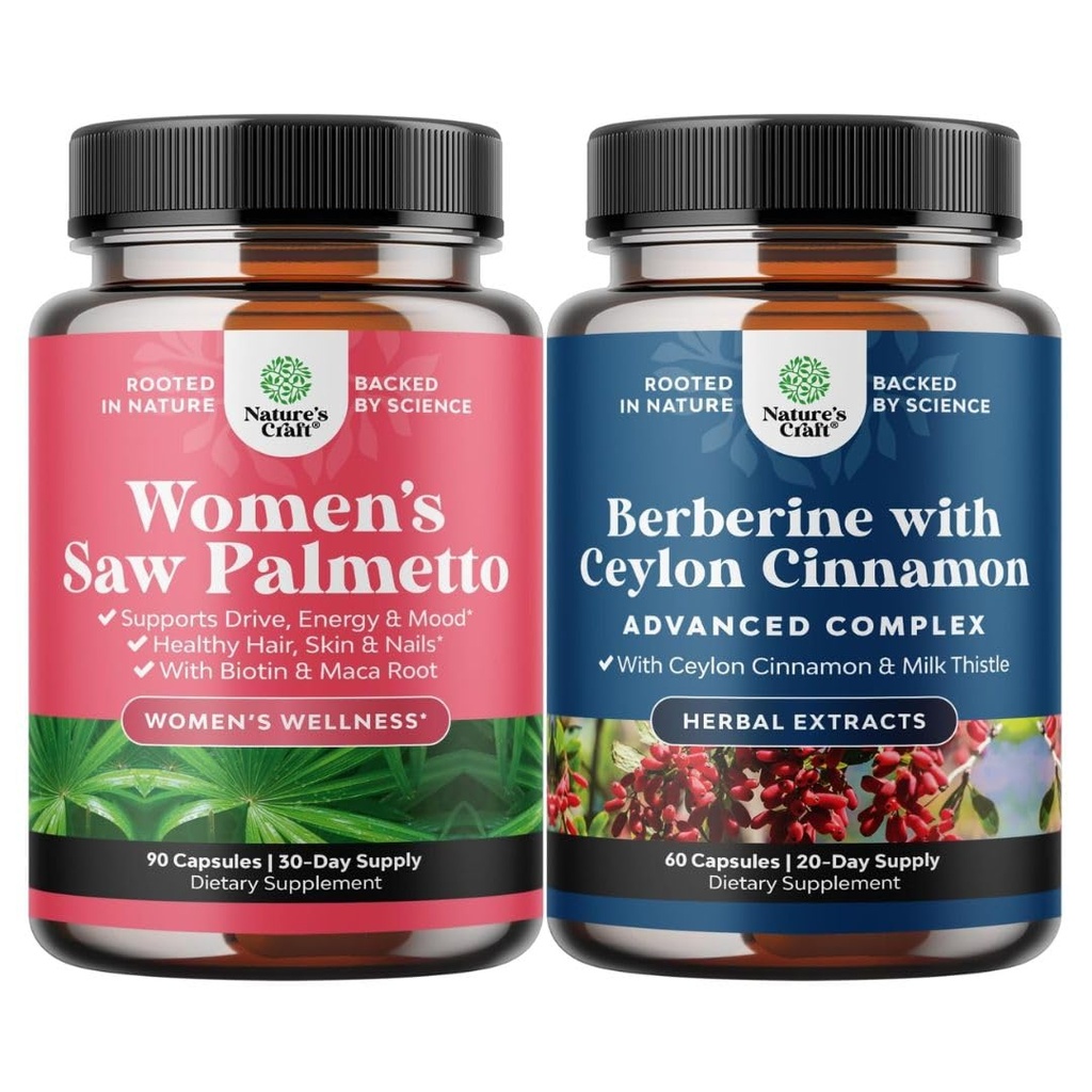 Bundle of Extra Strength Saw Palmetto för kvinnor och balansera Berberine Plus 1200mg Complex - DHT Blocker Tjockning hår vitaminer för håravfall - Antioxidant Berberine med Ceylon Cinnamon kapslar