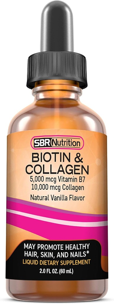 SBR Nutrition Biotin and Collagen Liquid Daily Dietary Supplement, Vitamins for Hair Growth and Thickening, Skin Health and Nail Strength, 2 oz (60mL)