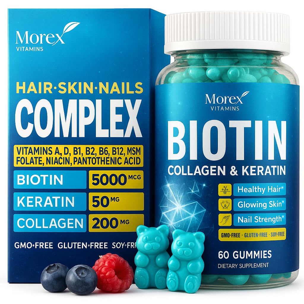 Biotin Collagen Keratin Gummies - Multivitamin Natural för hår, hud och naglar med vitamin A, D, B7 - Anti Aging Collagen Gummy Vitaminer för Män & Kvinnor, hår och nageltillskott - 60 Gummy Björnar