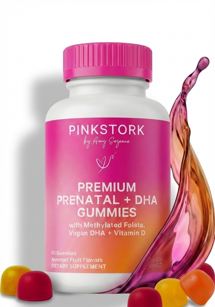 Pink Stork Premium Prenatal Gummy Vitaminer med DHA, folat och vitamin D - Multivitamin och näringsblend för neural Tube och Fetal Brain Development - Graviditet måste ha - 60 Vegan Gummies