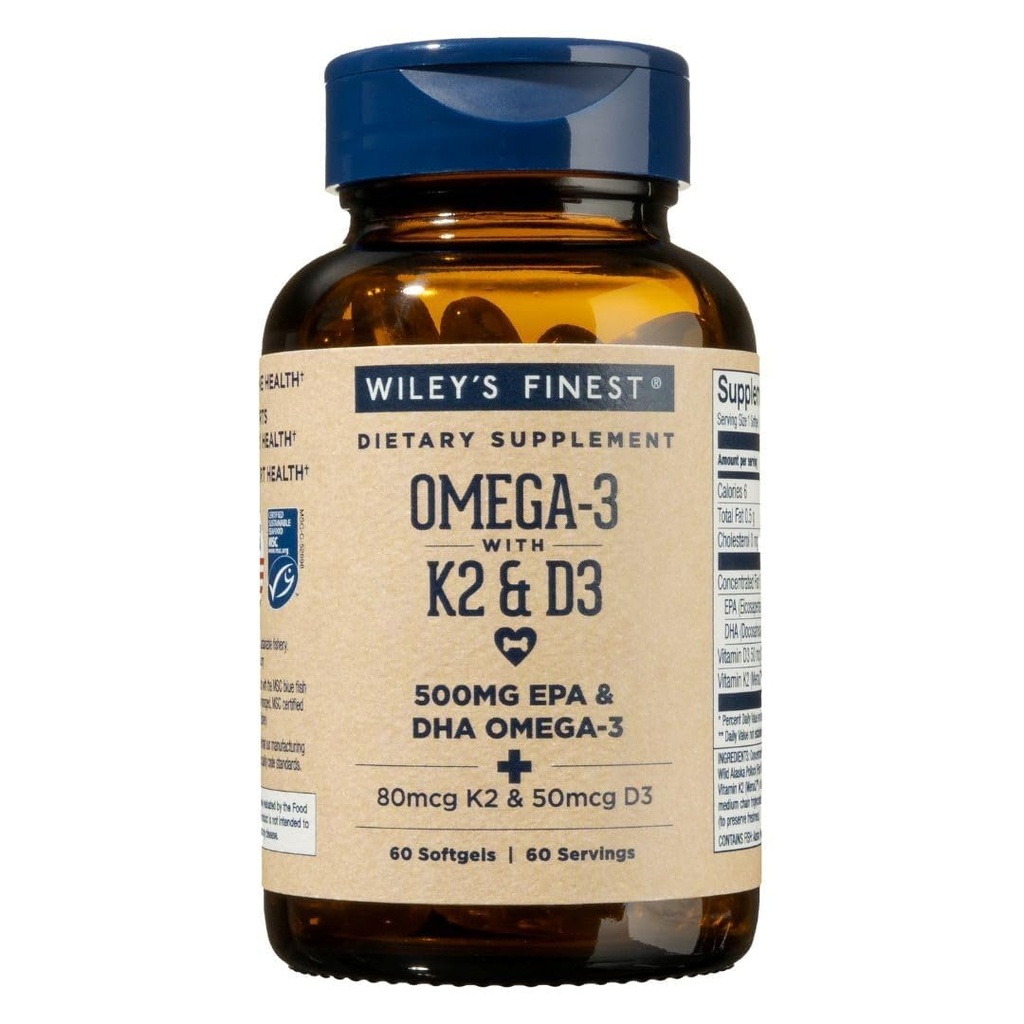 Wiley's Finest Wild Alaskan Fish Oil Vitamin K2 & D3 Softgels - 500mg of EPA and DHA Omega-3s for Bone and Heart Health Support - 60 Softgels (60 Servings)