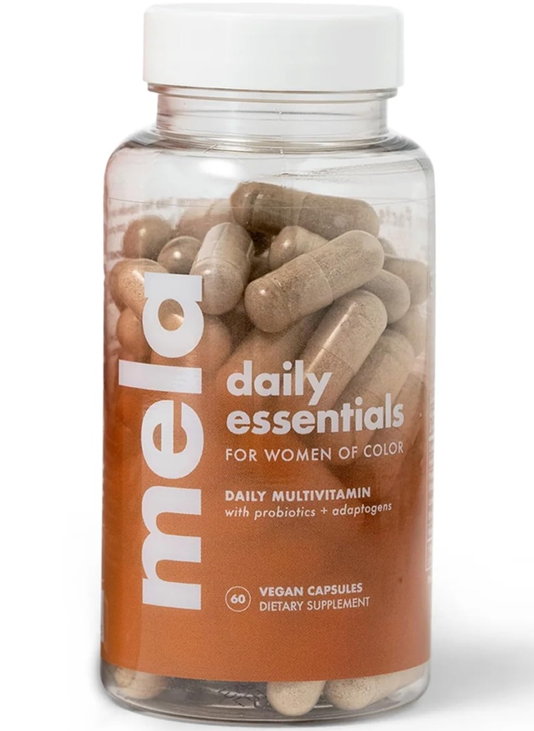 Mela Daily Essentials Multivitamin for Melanated Women - High-Dose Vitamin D3 and B12, Probiotics, Lion's Mane, Ceylon Cinnamon - Vegan, Gluten Free, Non-GMO, 30 Day Supply (60 Capsules)