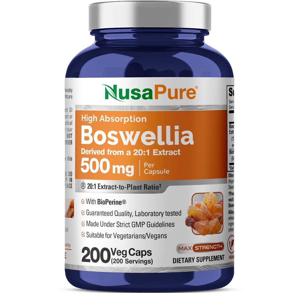 NusaPure Boswellia Serrata 10 000 mg Per Veggie Caps 200 Count (Mos 20:1, Non-GMO, Vegan, Bioperine) Ayurvedic Herb: Indian Olibanum, Frankincense