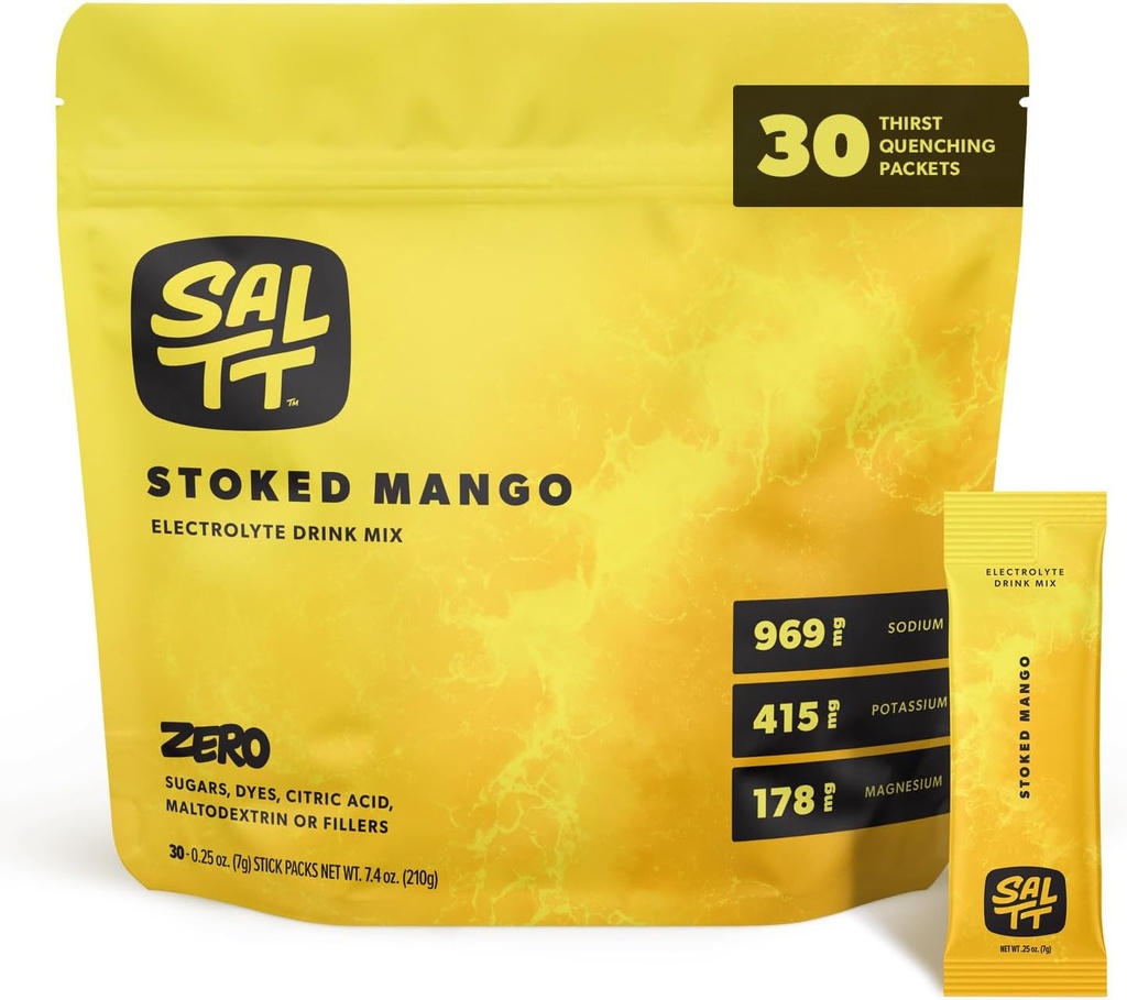 SALTT Electrolytes Powder smaksatt dricka Mix - Stoked Mango - 30 Hydration Packets - Magnesium, kalium, natrium, spårmineraler - Zero Sugar & Gluten Free - Travel Essentials