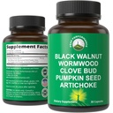 Wormwood Black Walnut Clove Cleanse for Humans. Elimination Detox + Intestinal Support Capsules Supplement for Adults and Kids. Pills with Artichoke and Pumpkin Seed for Additional Benefits