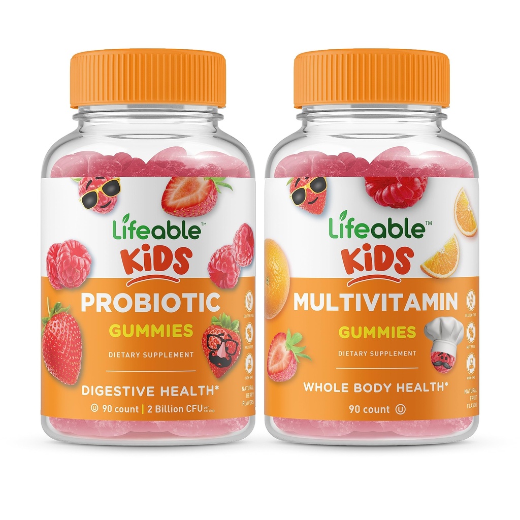 Livliga Probiotiska 2 miljarder CFU Barn + Multivitamin Barn, Gummies Bundle - Stor smak, Vitamin Supplement, Gluten Gratis, GMO Gratis, Tuggbar Gummy