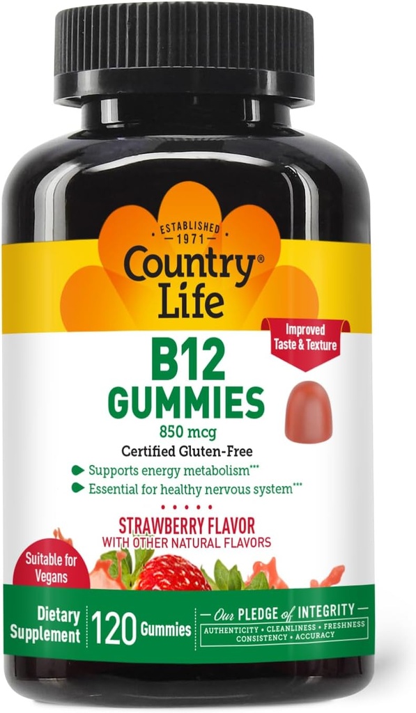 Country Life Vitamin B12 Gummies - 850 mcg Cyanocobalamin, 120 greve - Vegan, Gluten-Free Gummy Supplement för energi Metabolism & Nervous System Support - Naturlig jordgubbsmak, 2g socker