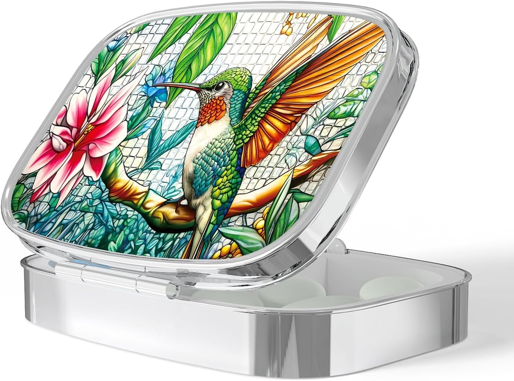 Pill Box-2 Compartment Small Pill Case Portable för Pocket & Purse Single Pill Carrier Pill Container för att hålla vitaminer Medication Fish Oil och Supplements BPA-Free (Hummingbird)