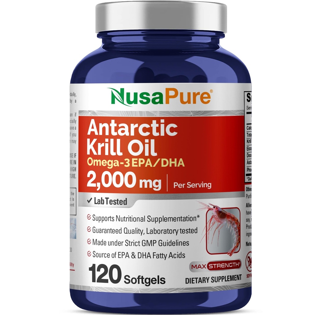 NusaPure Antarctic Krill Oil 2000 mg 120 Softgels, Omega-3 EPA 360mg, DHA 240mg, Soyfree Astaxanthin Supplement Sourced från Krill 800ppm