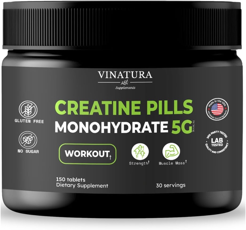 VINATURA Kreatinmonohydratpiller 5g - kreatin tabletter, kreatinpiller för män, kvinnor, kreatin en kapslar *USA Made & Tested* Osmakad, kreatinmonohydratpulver alt, 150 tabletter 30 portioner