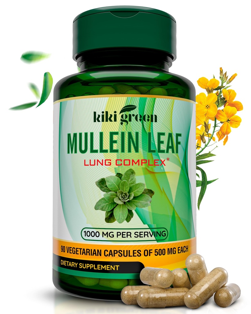 KIKI Green Mullein Leaf Extract Capsules - Vegan Herbal Supplement - för Lung Cleanse, Support, bättre andning, immunfunktion - 1000mg 45 portioner - 90 greve