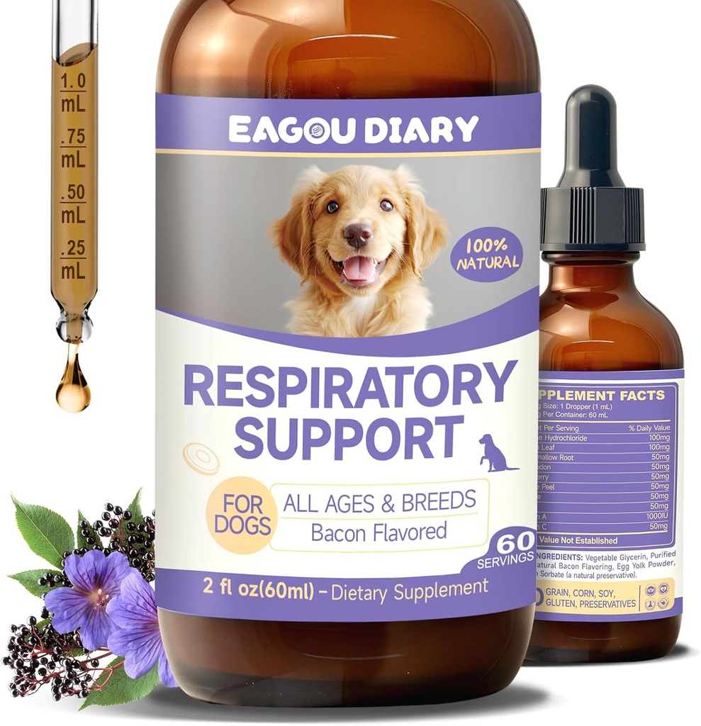 EagouDiary Dog Cough Behandling, Flytande Kennel Cough Behandling med Lysine, Mullein, Vitaminer, Natural Supplement för Canine Respiratory, Sneezing, Torr, Våt & Barky Relief (60mL / 2 Fl Oz)