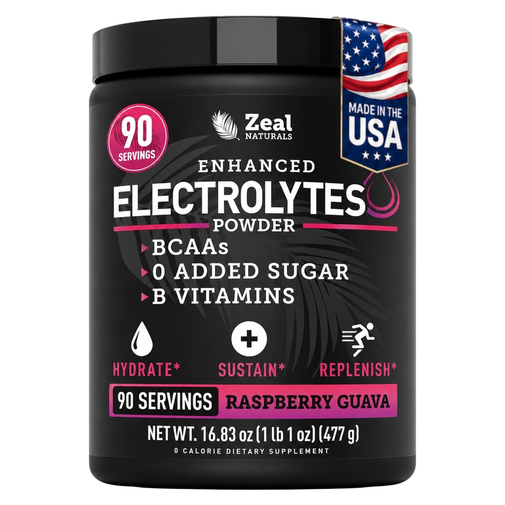 Zeal Naturals Electrolyte Powder Recovery Drink (90 portioner | Raspberry Guava) w 0 Sugar +BCAAs +B-Vitamins Electrolyte Supplement w Potassium Zinc & Magnesium för Hydration - Keto Electrolytes