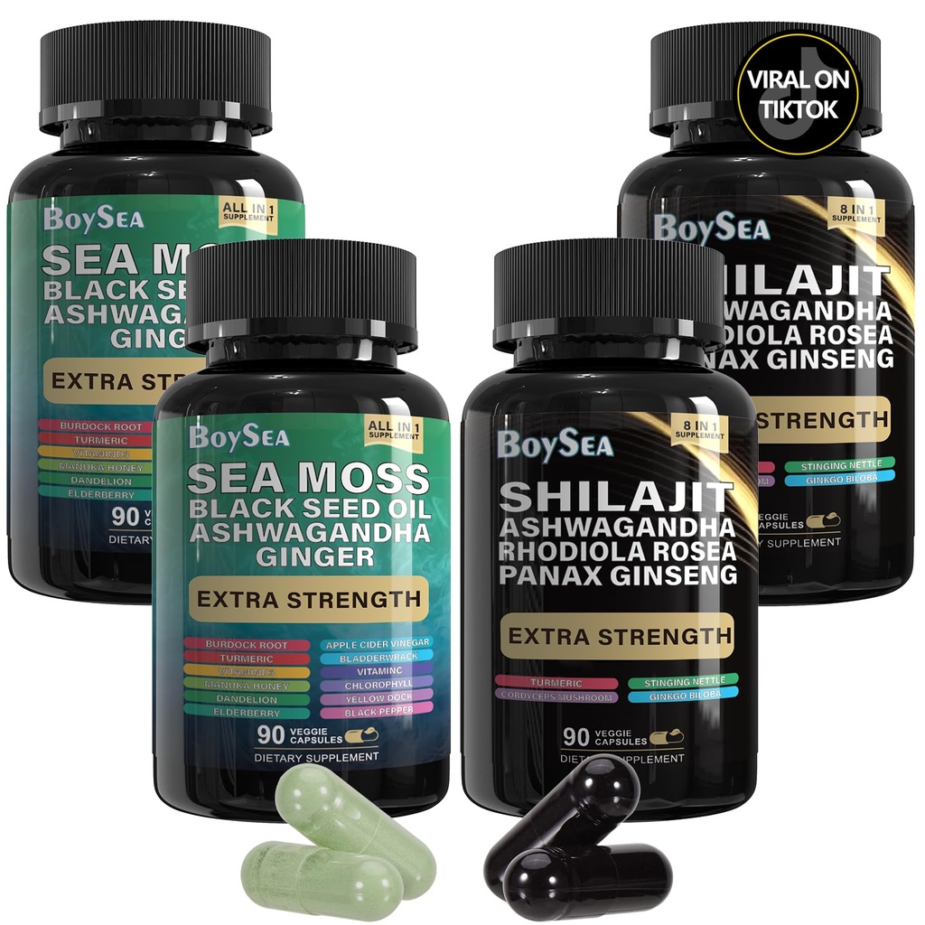 Boysea. Shilajit och Sea Moss Bundle-90 greve - Sea Moss, Black Seed Oil, Ashwagandha, Ginger & Shilajit, Rhodiola Rosea, allt i 1 kosttillskott (2 Pc)
