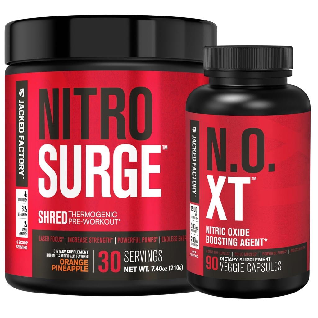 Jacked Factory Nitrosurge Shred Thermogenic Pre-Workout i Orange Pineapple & N.O. XT Nitric Oxide Booster för Män & Kvinnor