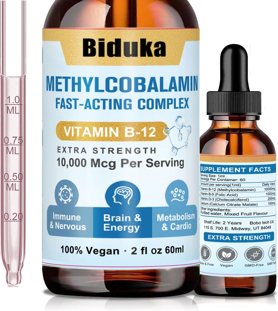 10,000mcg Sublingual Vitamin B12 Liquid Drops, Unique Formula with D3, B9(Folic Acid), Calcium, Support Energy, Heart, Mood, Brain, Immune System, Vegetarian, Non-GMO & Gluten Free