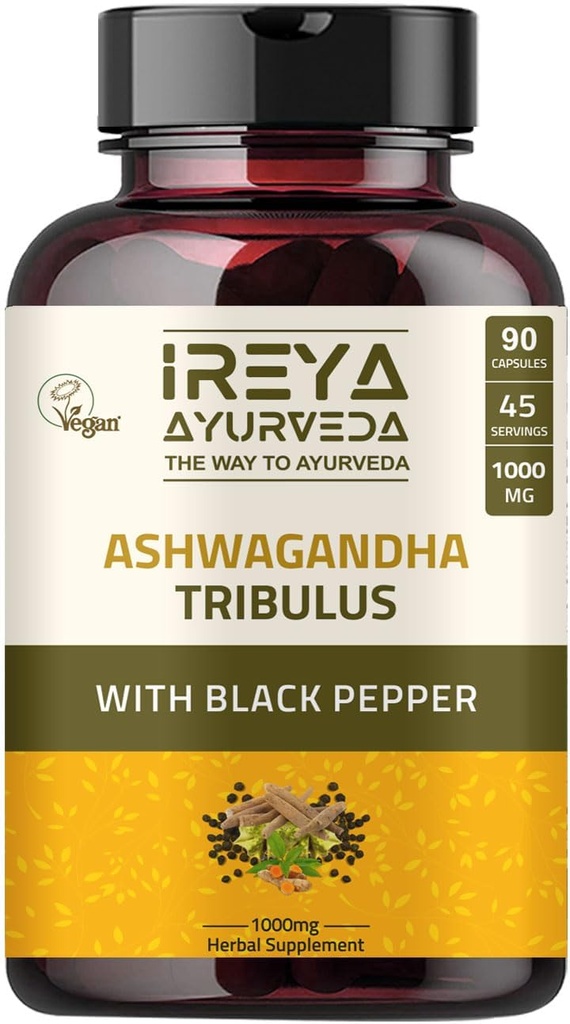 Ashwagandha Capsules Organic 1000mg (90 kapslar) Made with Tribulus Terrestris, Shatavari och Black Pepper Organic Ingredients | 45 Days Supply