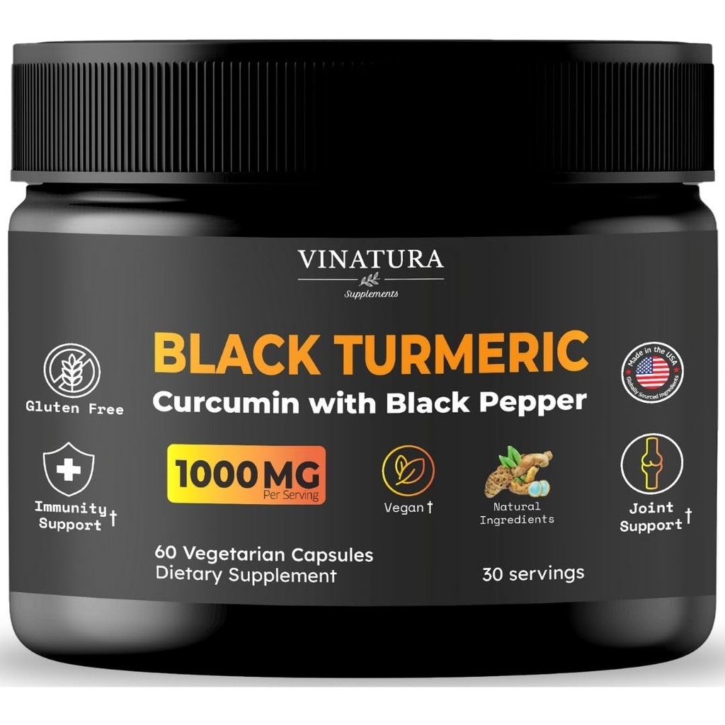 VINATURA Black Turmeric, Curcumin med Black Pepper 1000mg - gurkmeja Curcumin med gurkmeja svart - Curcuma Caesia, Curcuma Longa, Black Pepper 95% Piperine - 60 kapslar 30 portioner