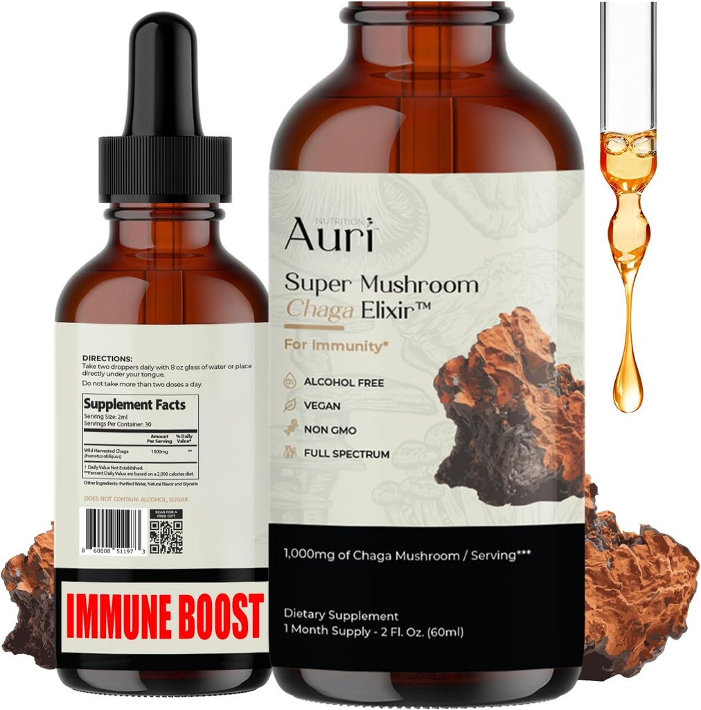 Auri Super Chaga Elixir - Mushroom Superfood Liquid Supplement med Full Spectrum Immune Support från Oxidative Stress och Energy Lift - Chaga Tincture 60ml