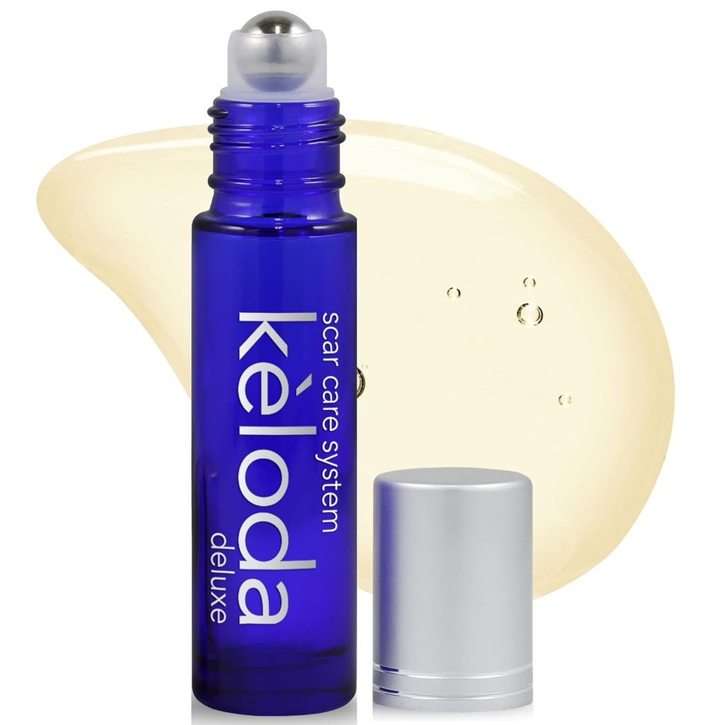 KELODA Deluxe Scar & Keloid Removal Oil & Massager, 0,33 oz | För behandling av kirurgiska skottar och piercing Keloids, Acne, Burns | Med Coconut, Shea, Turmeric, Lavender, Helichrysum Oils och Vitamin E