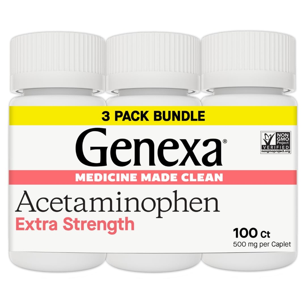 Genexa Clean Acetaminophen 500mg Extra Strength, Dye Free Pain Reliever Fever Reducer, 0% Artificiella tillsatser, Smärtmedicin för vuxna, lindrar huvudvärk, Backache, Mindre artrit smärta, 300 tabletter