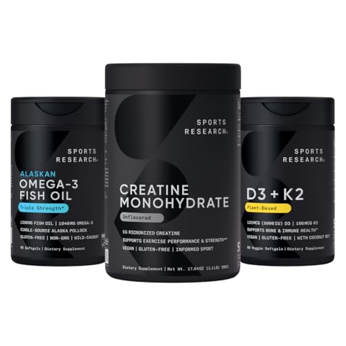 Sportforskning Triple Strength Omega 3 Fiskolja - Burpless Fish Oil Supplement w / EPA & DHA Fatty Acids, Kreatin Monohydrat & Plant Baserat Vitamin D3 K2 med kokosolja