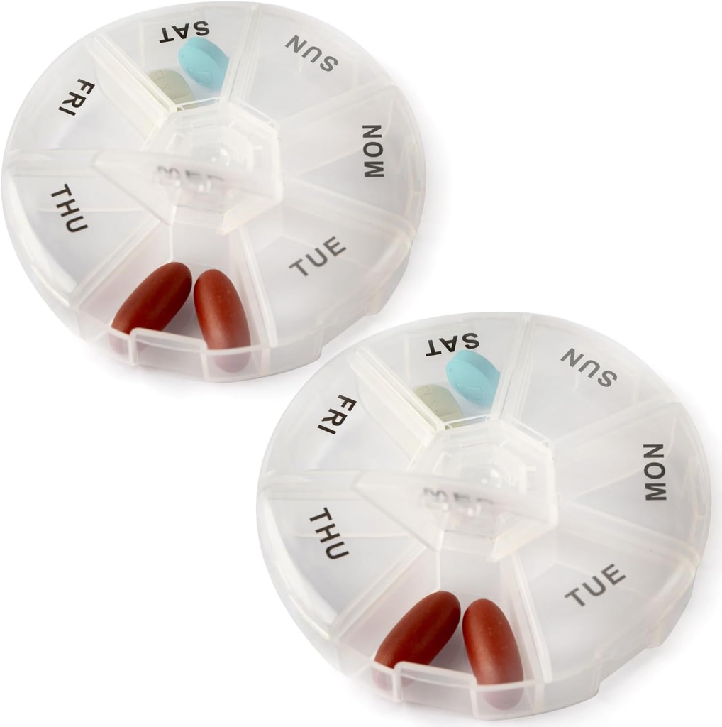 Deke Home - Round Portable Pill Box (2 Pack), Medicine Planner, Small 7 Day Weekly Travel Container, Medicinering, Vitamin Holder, Pillbox Organizer, Pill Dispenser, Daily Sorter & Reminder, BPA Free