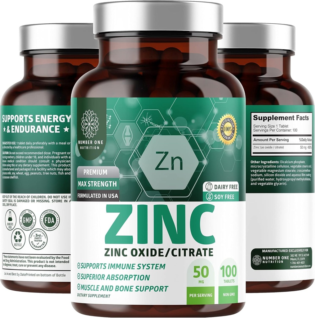 N1N Premium Zinc 50mg [3X Absorption, Vegan] All Natural Zinc Oxide and Citrate Supplement for Immune Support, Skin Health and Better Digestion, 100 Tablets