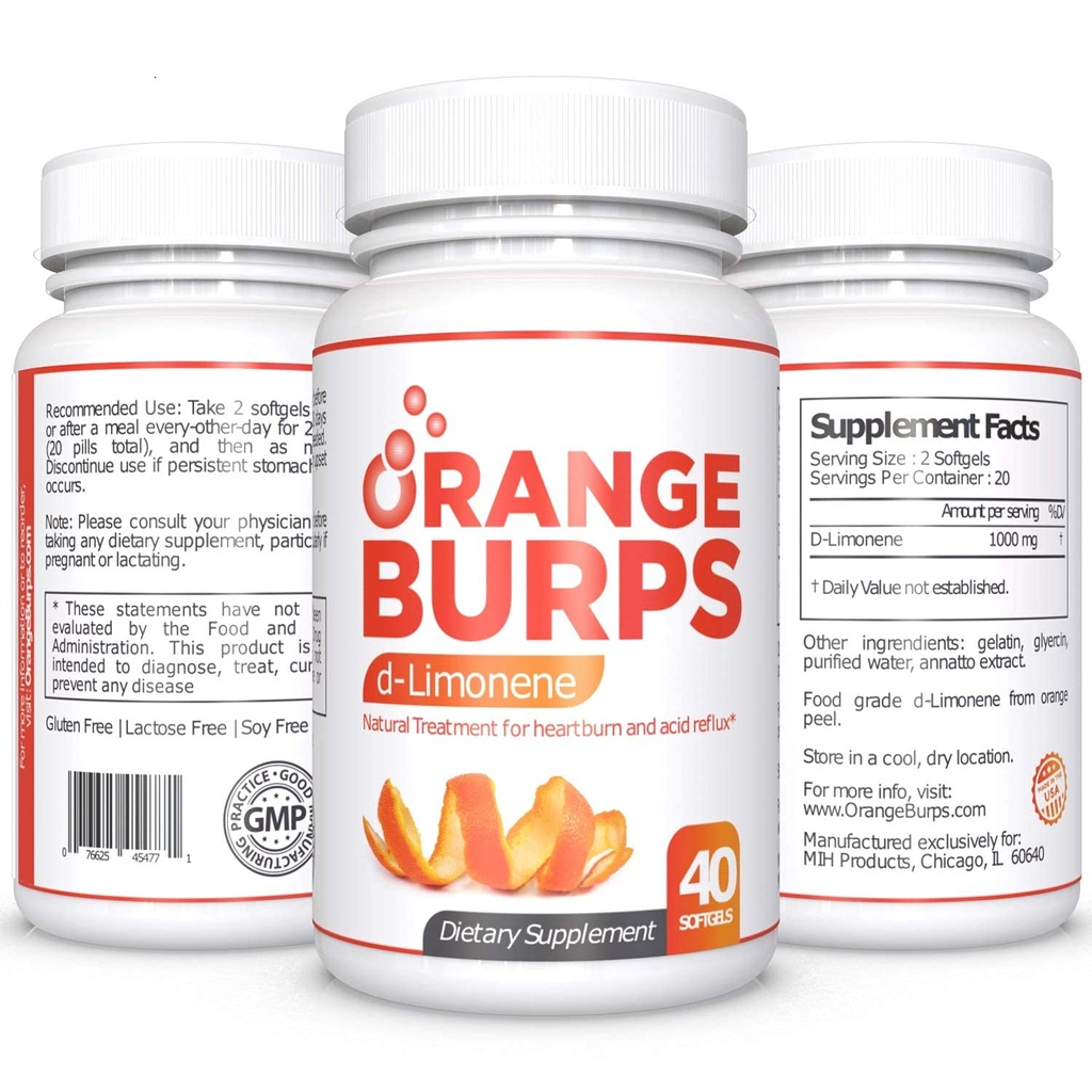 Orange Burps | D-Limonene Supplement - Acid Reducer (Antacid for Acid Reflux), Heartburn Relief, GERD Relief och Indigestion Relief | Orange Peel Extract för hälsa och välbefinnande (1 000 mg, Pack 3)