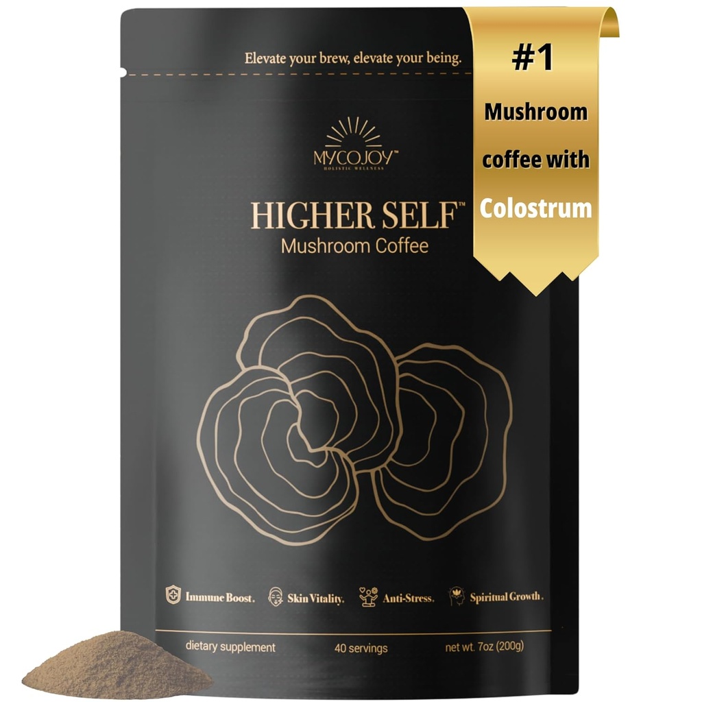 HIGHER SELFTM Mushroom Coffee Ultimate Focus & Immune Support Blend med 40% IgG Colostrum, Organic Arabica, Lion's Mane, Reishi, Chaga, L-Theanine och Frankincense för Immune Support, Focus, Energy, Mood and Gut Health | 7oz. 40 portioner