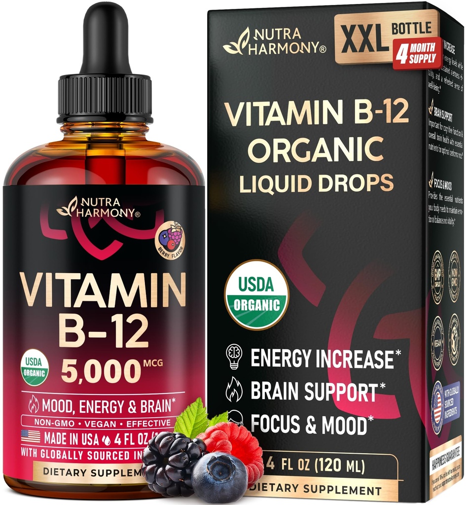 USDA Organic Vitamin B12 Sublingual Drops - 5000 mcg Liquid Vegan Methylcobalamin för kvinnor och män - Energiökning, Fokus och humör, Hjärnhälsostöd - Maximera Absorption - 4 månaders leverans, 4 fl oz