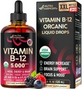 USDA Organic Vitamin B12 Sublingual Drops - 5000 mcg Liquid Vegan Methylcobalamin för kvinnor och män - Energiökning, Fokus och humör, Hjärnhälsostöd - Maximera Absorption - 4 månaders leverans, 4 fl oz