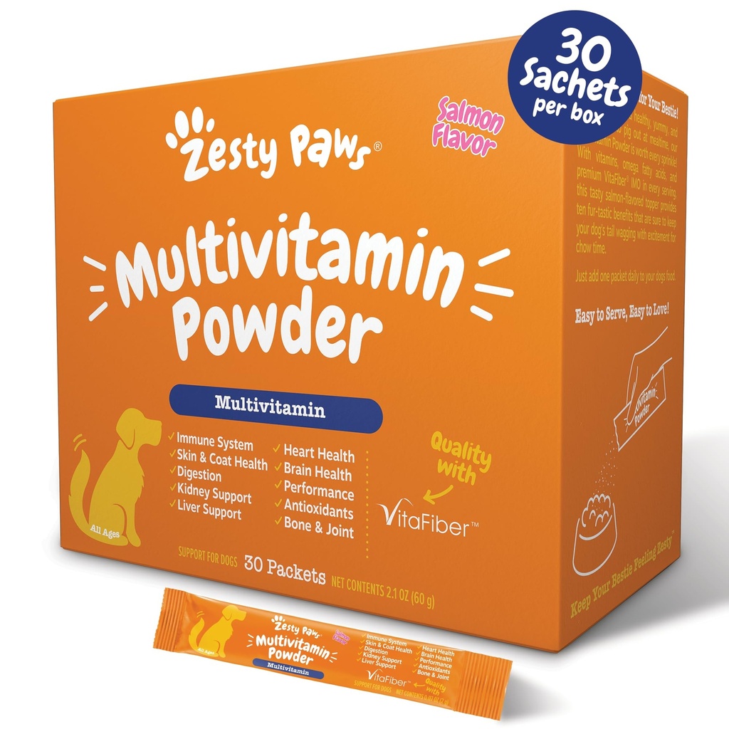 Zesty Paws 10-i-1 Dog Multivitamin - Gut, Immune, Joint, Skin & Coat Support och More - Dog Vitamins and Supplements Powder - Pet Supplements with Omega Fish Oil & VitaFiber - Salmon - 30 Ct