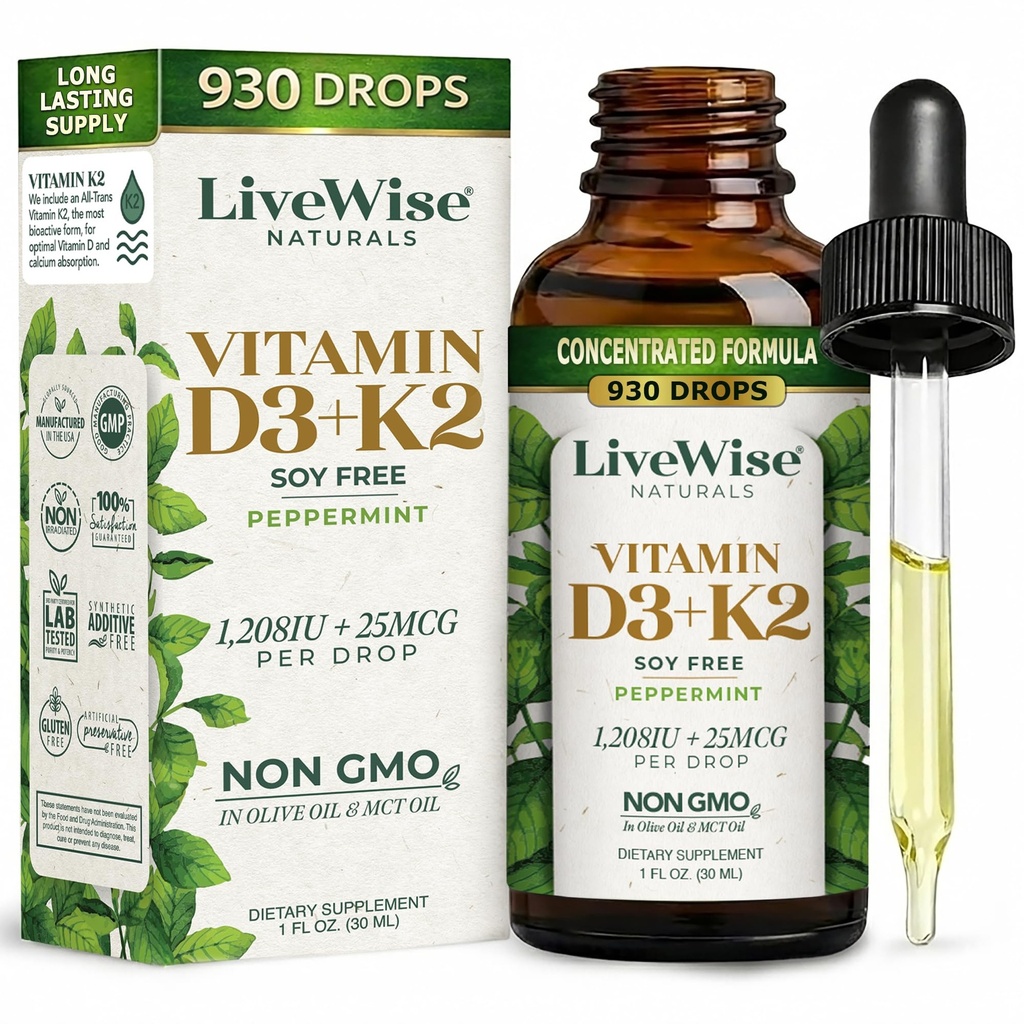 LiveWise Naturals Vitamin D3 med K2 Liquid Drops, All Natural, Non-GMO, USA Made, 1208 IU Vitamin D3 & 25 mcg K2, Stöder Benhälsa och energinivåer, Infunderas med Peppermint, Oliv och MCT Oil