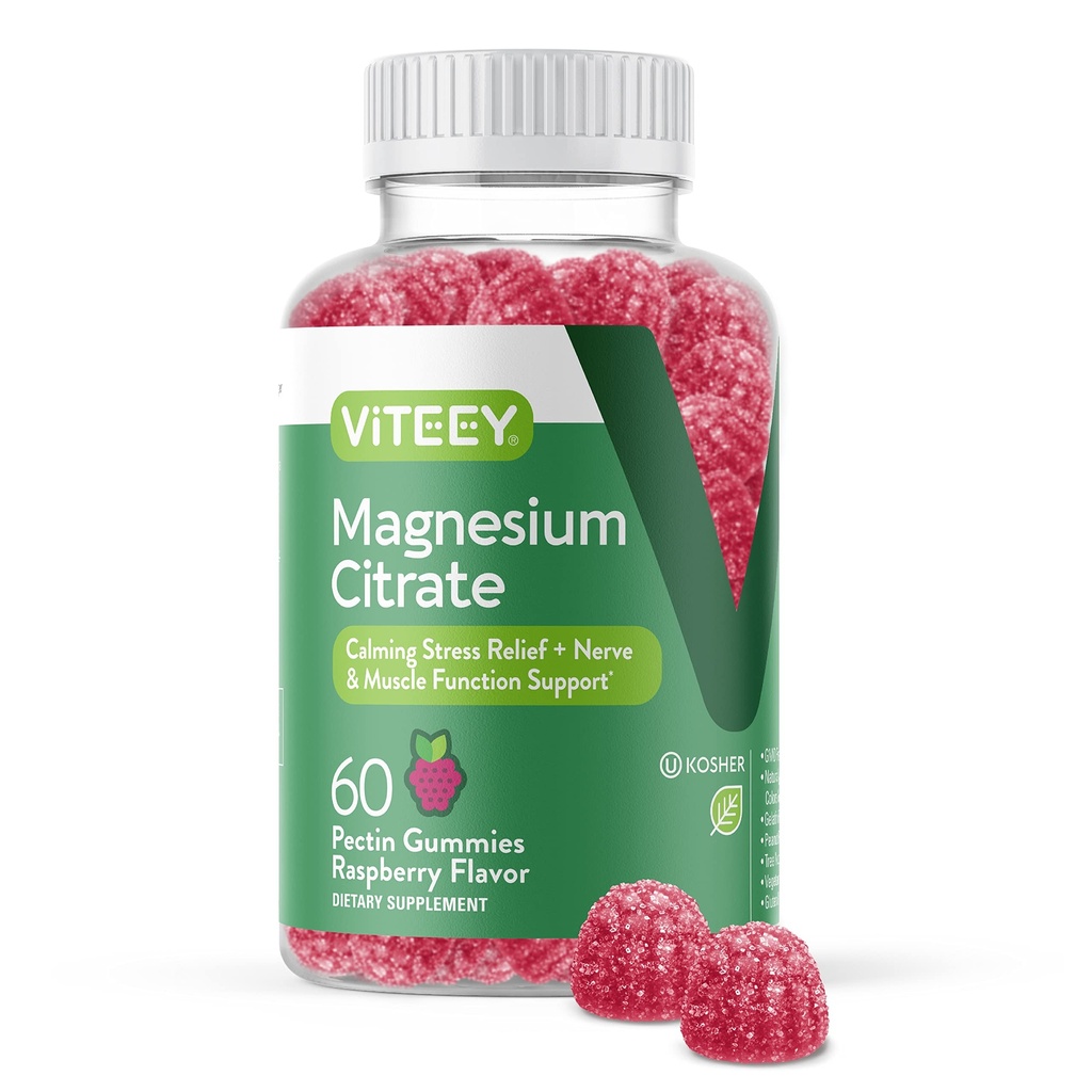 VITEEY Magnesium Gummies för vuxna - 66mg Magnesium Citrate Gummy för lugn, sömn, nerv- och muskelfunktionsstöd - vegetarisk, glutenfri - 60 greve