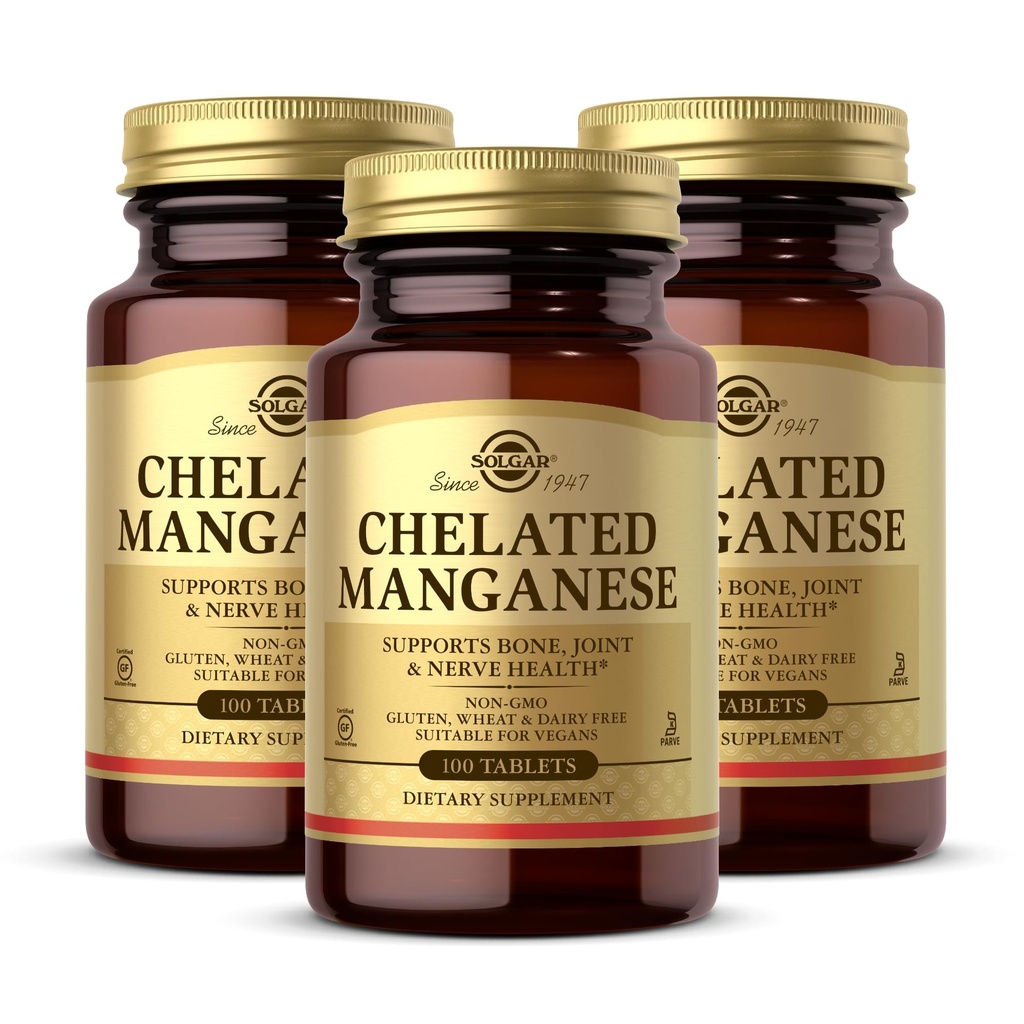 Solgar Chelated Manganese - 100 tabletter, Pack of 2 - Stöder ben, Joint & Nerve Health - Non-GMO, Vegan, Gluten Free, Dairy Free, Kosher - 200 Totalt portioner