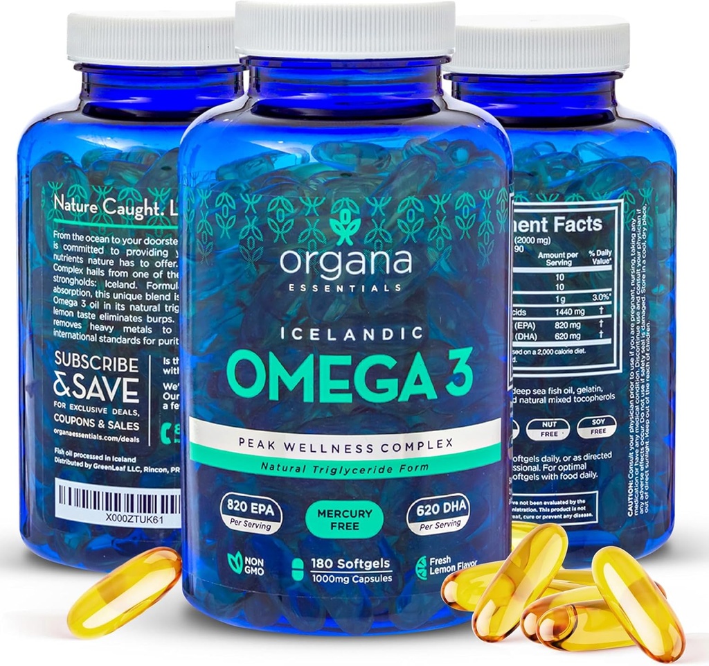 Omega 3 Fiskolja 2 000 mg - Hög EPA 820 mg + DHA 620 mg - 180 Triple Strength Burpless Lemon smaksatta Softgels