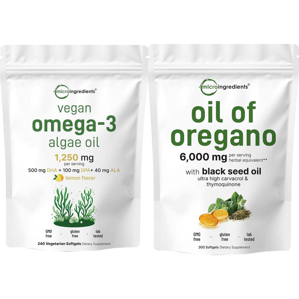 Micro Ingredients Oil of Oregano Softgels 300 Count & Vegan Omega 3 Algae Oil Supplement Bundle 2 Pack | Carvacrol & Thymoquinone | Full Spectrum Omega-3 Alternativ